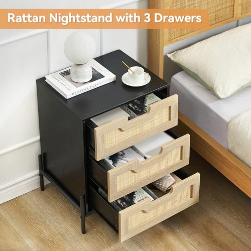 Rattan Nightstand,Boho Bedside Table,End Table with 3 Natural Rattan Drawer,Rattan Furniture,Boho Mid Century Modern Bedside Table,Rattan Bedside Table with Metal Handle for Bedroom,Living Room
