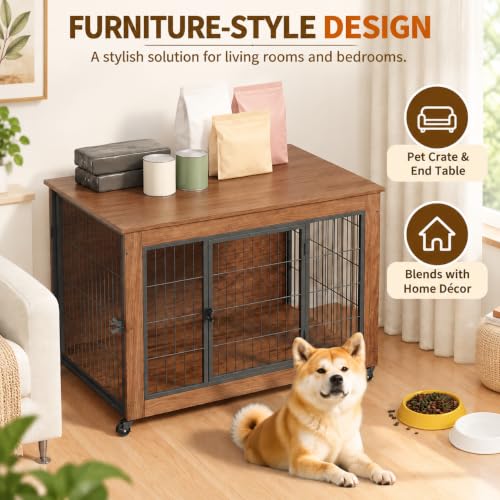 38.6" Dog Crate Furniture with Wheels and Double Doors, view 7