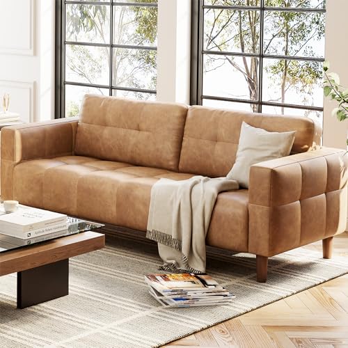 83” Brown Faux Leather Couch, 3 Seater Sofa Couches with 2 Removable Back Cushions for Living Room, Large Mid Century Modern Office Apartment Couch (Brown)