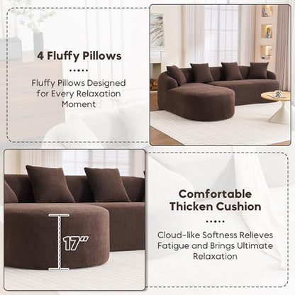 99" Curved Sectional Sofa with Chaise, Modern Luxury Chenille Cloud Couch for Living Room, Heavy Duty Oversized Deep Seat 3-Seater, 700lbs/Seat Weight Capacity, No Assembly, Brown