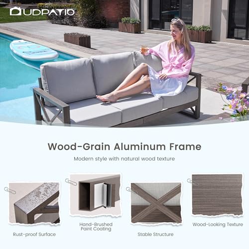 Aluminum Patio Furniture Set, Faux Wood Grain Modern Outdoor Furniture, 6" Cushions Metal Patio Conversation Sofa with Coffee Table for Poolside Deck, 8 PCS, Beige(Include 600D Covers)