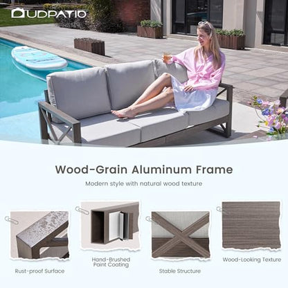 Aluminum Patio Furniture Set, Faux Wood Grain Modern Outdoor Furniture, 6" Cushions Metal Patio Conversation Sofa with Coffee Table for Poolside Deck, 8 PCS, Beige(Include 600D Covers)