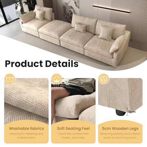 Cloud Couch Modular Sectional Sofa,119.29" L Shaped Couch, Oversized Down Filled Convertible Wide Seater,3 Seater with 1 Ottoman for Living Room Set, Covers Washable&Replaceable,Khaki