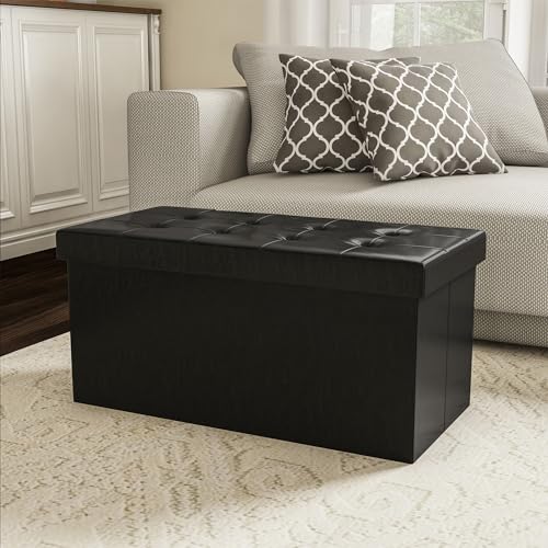 Storage Ottoman - 30-Inch Folding Faux Leather Footrest, Linen Chest, or Bench with Removable Bin for Living Room or Bedroom by Home-Complete (Black)