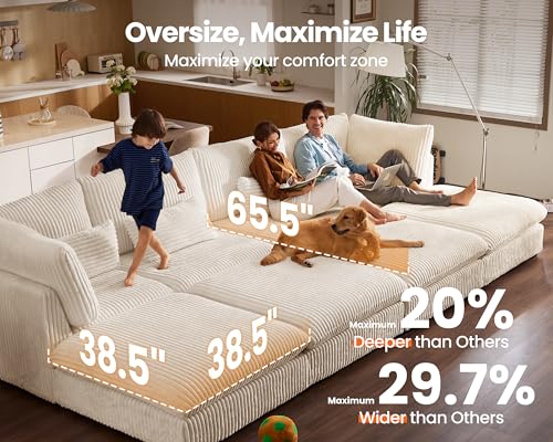 154" Oversized Corduroy Couch Modular Sectional Sofa, Washable Cloud Couch Sectional with 2 Ottoman, 8 Seater Sectional Couches for Living Room, Fully Cover Removable, Corduroy, White
