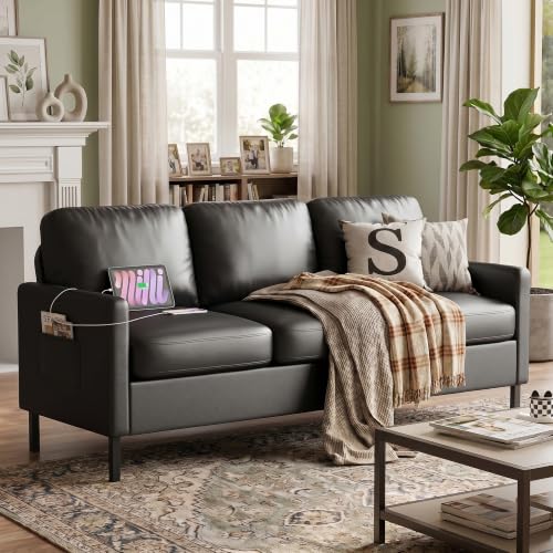 72" W Faux Leather Black Sofa 3 Seat Couch, Modern Comfy Couch with 2 USB, Small Couches for Living Room Apartment Bedroom Small Spaces, Office(Black)