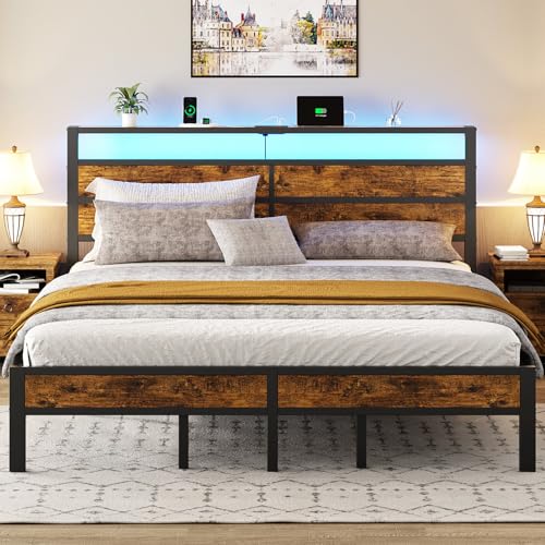 King Size Bed Frame with Storage Headboard, LED Lights, view 2