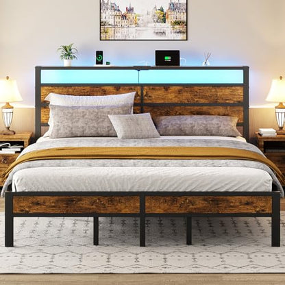 King Size Bed Frame with Storage Headboard, LED Lights, view 2