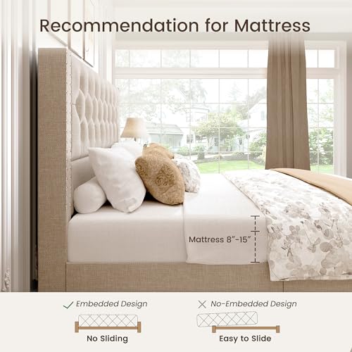 King Size Bed Frame with 4 Storage Drawers and Tufted Headboard Linen, view 8