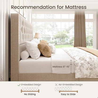 King Size Bed Frame with 4 Storage Drawers and Tufted Headboard Linen, view 8
