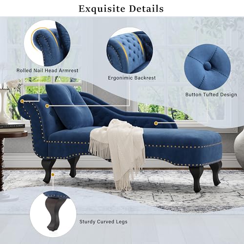 62'' Velvet Chaise Lounge Indoor with 1 Pillow and Nailhead Trim, view 4
