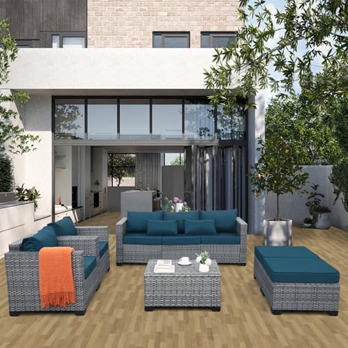 6 Pieces Wicker Patio Furniture Sets Outdoor Conversation Set HDPE Rattan Sectional Sofa Couch with Storage Table and Non-Slip Cushions, Peacock Blue