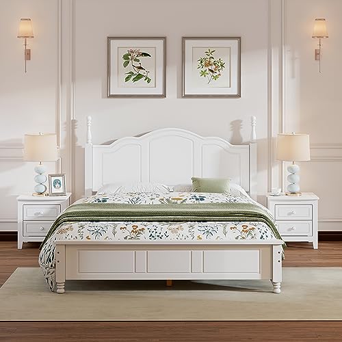 Bedroom Set Furniture, 3-Pieces Bedroom Sets, Queen Size Wood Platform Bed and 2 Nightstands, White