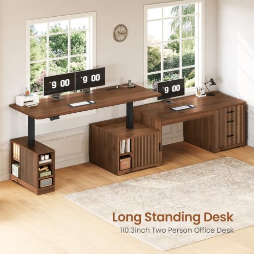 Fluted L Shaped Standing Desk with Storage for Home Office, Brown, view 6