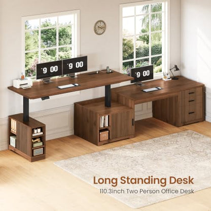 Fluted L Shaped Standing Desk with Storage for Home Office, Brown, view 6