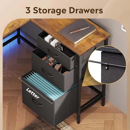66 Inch L Shaped Gaming Desk with Drawers and Storage, Corner Desk with LED Lights, Power Outlets, Computer Desk with Monitor Stand, Office Desk for Home, Rustic Brown