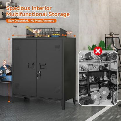Metal Storage Cabinet 35.4”H Locking Storage Cabinet (Black) | With 2 Adjustable Shelves and Doors, Small Storage Cabinet for Home School Office Garage