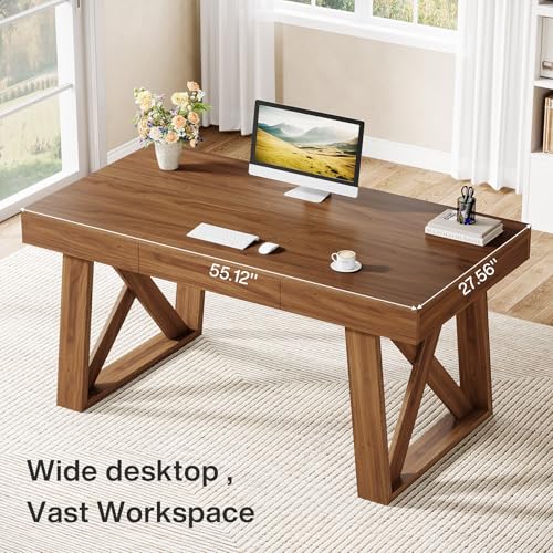 Tribesigns 55-inch Computer Desk with Drawer, Retro Walnut Big Home Office Desk, Modern Executive Desk Writing Desk Workstation Table for Home