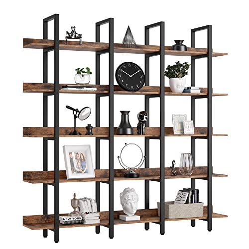 Bookcase and Bookshelves Triple Wide 5 Tiers Large Open Shelves, Etagere Book Shelf with Back Fence for Home Office Decor, Easy Assembly, Vintage Brown