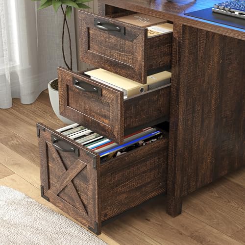 59" Farmhouse Computer Desk with 4 File Drawer & Power Outlet & Led Lights, view 7