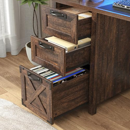 59" Farmhouse Computer Desk with 4 File Drawer & Power Outlet & Led Lights, view 7
