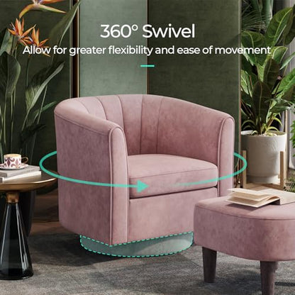 Swivel Accent Chair Ottoman Set: Velvet Small Barrel Chair with Foot Rest, Modern Reading Chair Upholstered Armchair with Footrest for Living Room Bedroom Study Room Office (Pink)