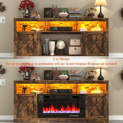 Farmhouse TV Stand for 70/75/80 Inch TV, 32”Tall Entertainment Center w/LED Light, Large Media Console Cabinet w/Barn Doors & Adjustable Shelves for Living Room, Rustic Brown
