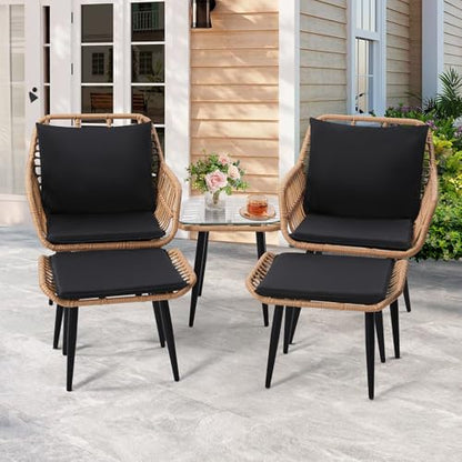 5 Piece Wicker Bistro Patio Conversation Furniture Set, Natural | Includes 2 Chairs, 2 Ottomans, and Side Table, Ideal for Porch, Balcony, Deck, Backyard