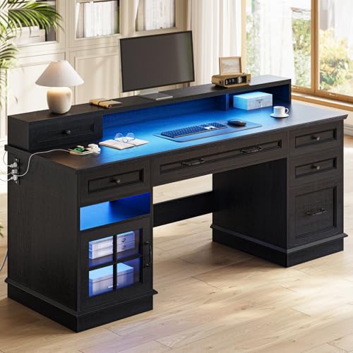 Farmhouse Executive Desk Computer Desk with Drawers，Black, view 2