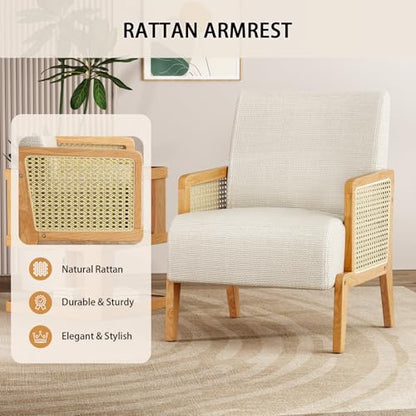 Modern Accent Chair with Rattan Armrest, Linen Fabric Arm Chair with Ash Wood Legs, White Accent Chair for Living Room, Bedroom, Balcony