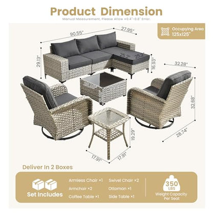 Outdoor Sectional Furniture Set,8 Pieces Wicker Patio Conversation Sets,L Shape All Weather Outside Couch Sofa Set with Swivel Chairs Ottoman,Black