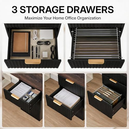 96.5" 2 Person Desk with Power Outlet & USB Ports, Double Computer Desk with Drawers & Storage Shelves, Modern Fluted Gaming Desk for Home Office, Black