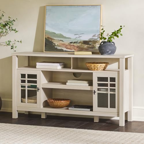 Transitional-Style Windowpane Glass Door Storage Sideboard, 58 Inch, Coastal Oak