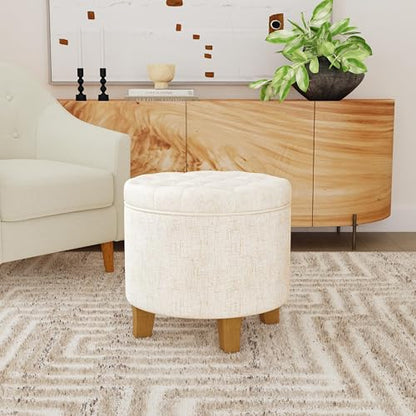 19" Button Tufted Round Storage Ottoman - Cream Textured Solid