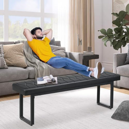 Black Faux Leather Benches Set of 2, 58 Inch Padded Seats, view 7