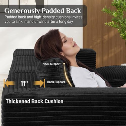 131" Oversized U Shaped Cloud Sectional Couches for Living Room, Comfy Fluffy Corduroy Black Boneless Sectionals Couch, Plush Memory Foam Modular Sectional Sofa with Chaise- 19" Seat Height
