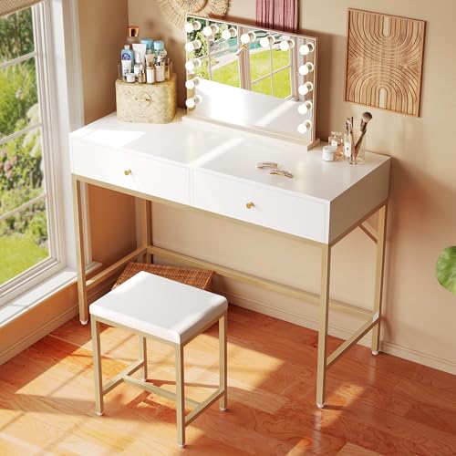 35.4" White and Gold Desk with 2 Drawers, Modern Makeup Vanity, view 3