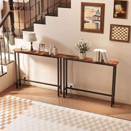 79" Console Table with Power Outlet, 5.9" Narrow Sofa Table Set of 2, Entryway Table with Charging Station & 4.9 Ft Extension Cord & Adjustable Feet, for Living Room, Hallway, Rustic Brown