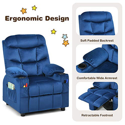 Kids Recliner Chair with Cup Holder, Adjustable Velvet Lounge Chair w/Footrest & Side Pockets for Children Boys Girls Room, Ergonomic Toddler Furniture Sofa Gifts, Kids Recliner (Blue)