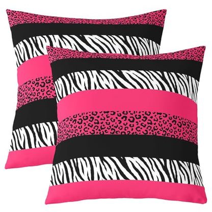 Pink Leopard Print Pillow Covers,18x18 Inch Set of 2,Black Zebra Cheetah Skin Print Cushion Cases for Women Adults,Wild Animal Geometric Stripes Western Style Cushion Covers for Bed Chairs Office