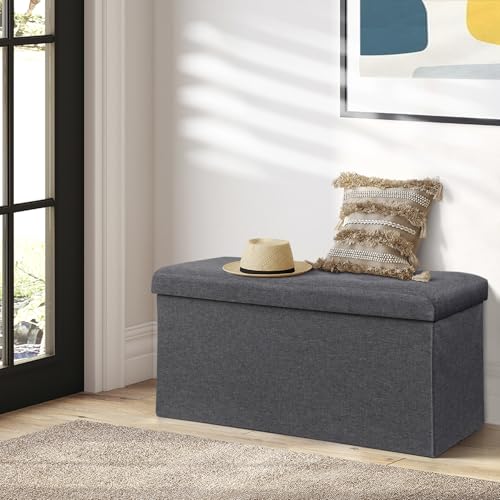 30Inches Storage Ottoman Bench, Folding Footrest Padded Seat, Storage Chest Long Shoes Bench with Divider, Holds up to 660 lbs, for Living Room, Entryway, Bedroom, Dark Gray