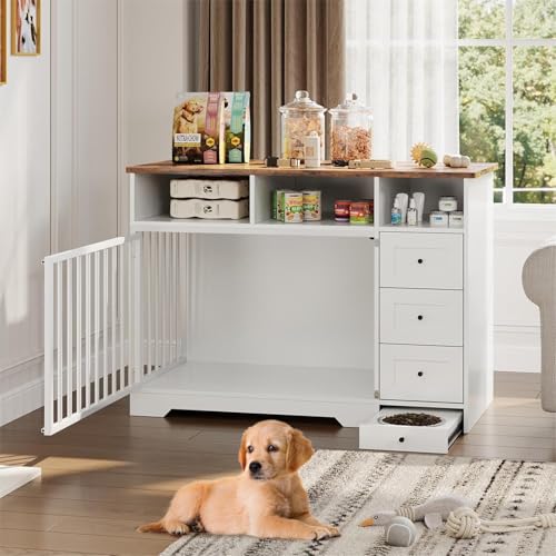 48 Inch Dog Crate Furniture, Farmhouse Dog Kennel with Bowl & Drawers, view 7