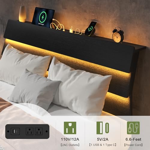 Floating Bed Frame Queen Size with Led Lights and Charging Station, view 5