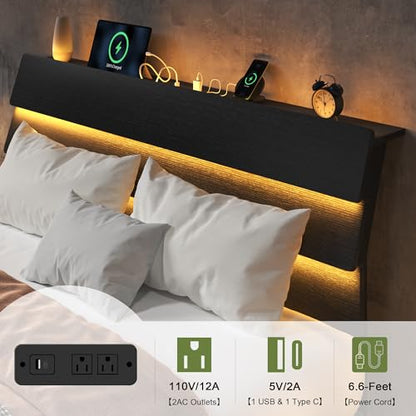 Floating Bed Frame Queen Size with Led Lights and Charging Station, view 5