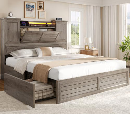 Queen Bed Frame with Headboard and Storage Cabinets, view 2