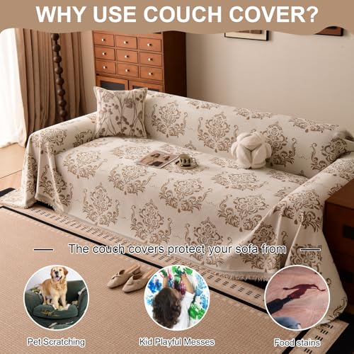 Bohemian Baroque Pattern Couch Cover Washable Chenille Beige Taupe Damask Design Sofa Slip Cover for 2 Cushion Couch Living Room Classic Decorative Furniture Protector 71" x 118"