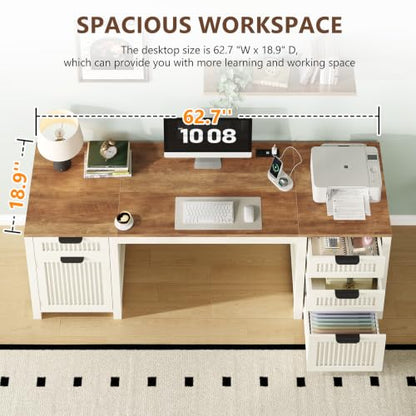 62" Farmhouse Computer Desk with Drawers & Storage Cabinet for Home Office, view 6