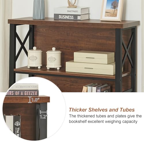 3-Tier Small Bookshelf, 35.4 Inch Short Book Shelf with Sturdy Metal Frame & Wood Shelves, Rustic Brown Industrial Bookcase for Living Room, Bedroom, Office