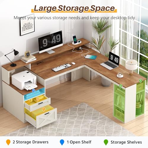 63" Farmhouse L Shaped Desk with Drawers & Storage Shelves for Home Office, view 5