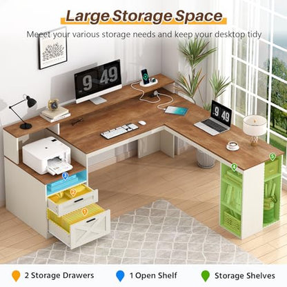 63" Farmhouse L Shaped Desk with Drawers & Storage Shelves for Home Office, view 5